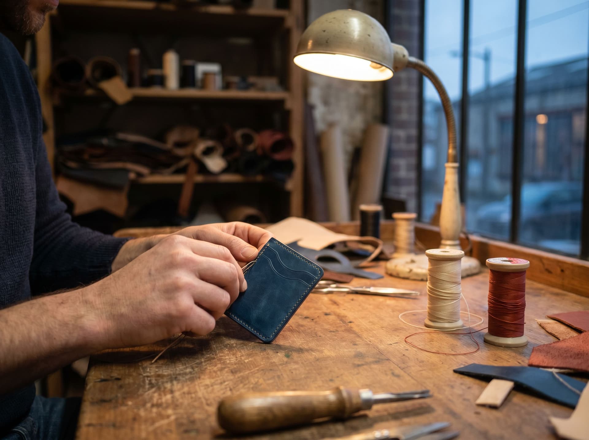 L'atelier — mains au travail sur un porte-cartes en cuir